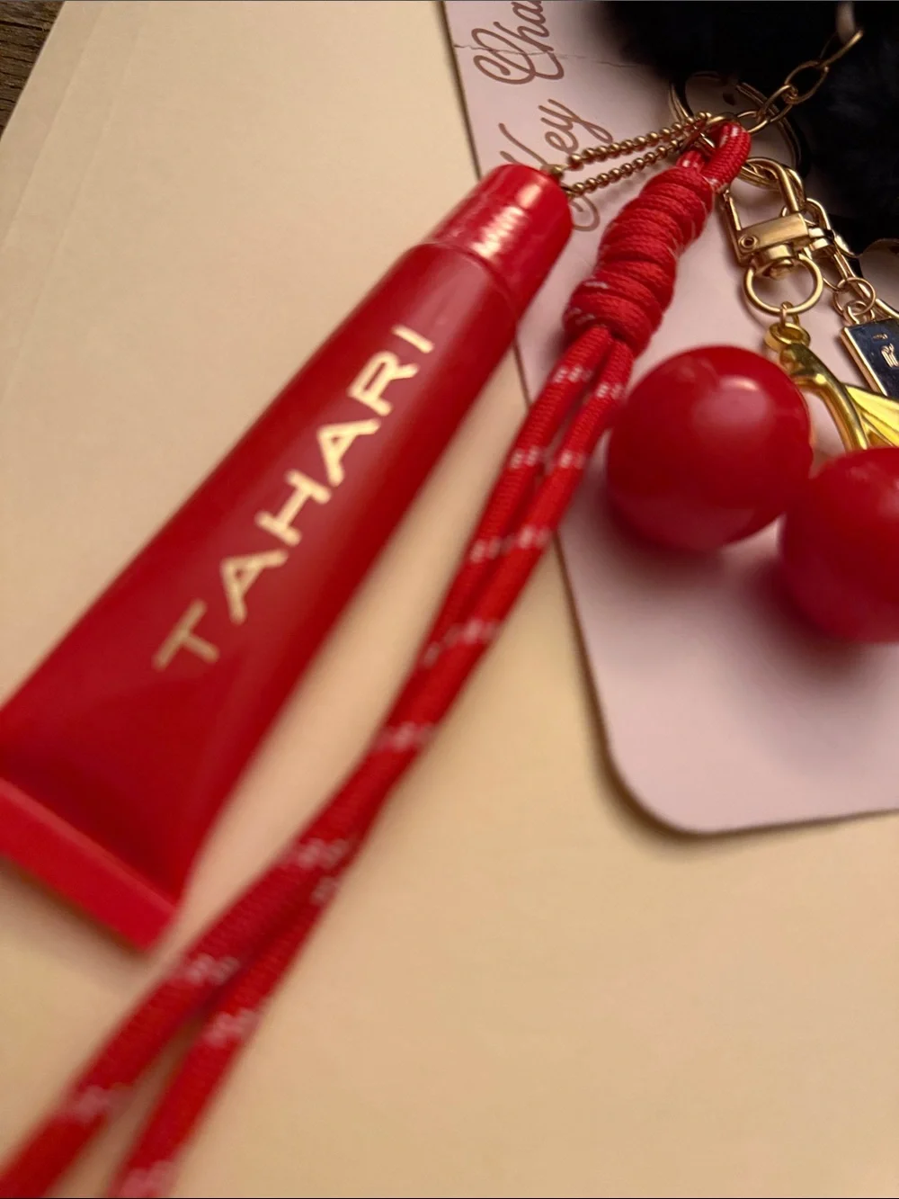 Tahari Red Cherry Kiss Lipgloss Keychain Bag Charm Cherry Plush Heart